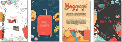 Set of posters on the theme of summer travel, leisure and adventure. Documents, Luggage and travel accessories. Hand-drawn.