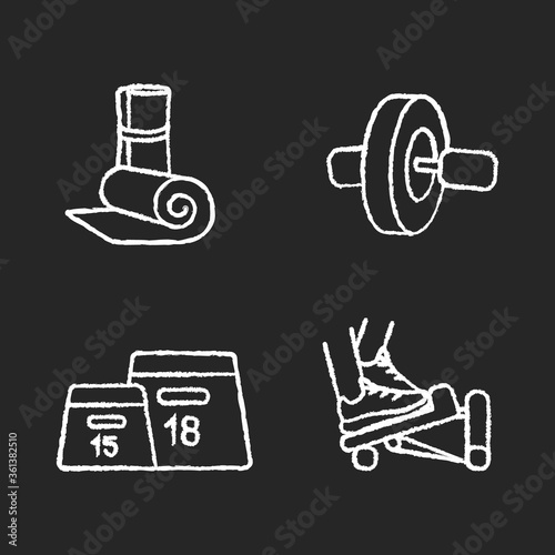 Fitness equipment chalk white icons set on black background. Exercise mat, ab roller, plyometric box and stepper. Sport gear for workout at home and in gym. Isolated vector chalkboard illustrations