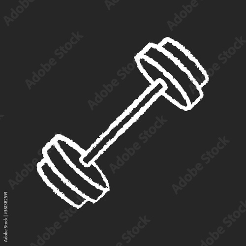 Barbell chalk white icon on black background. Health club, gym equipment for intense strongman training. Bodybuilding, powerlifting. Bar with weight plates isolated vector chalkboard illustration