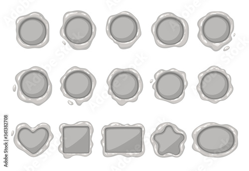 Big set silver wax seal stamps. Decorative cartoon mockup. Vintage post signet illustration for wedding invitation, letters, calligraphy design. Elegant label mark. Vector isolated on white