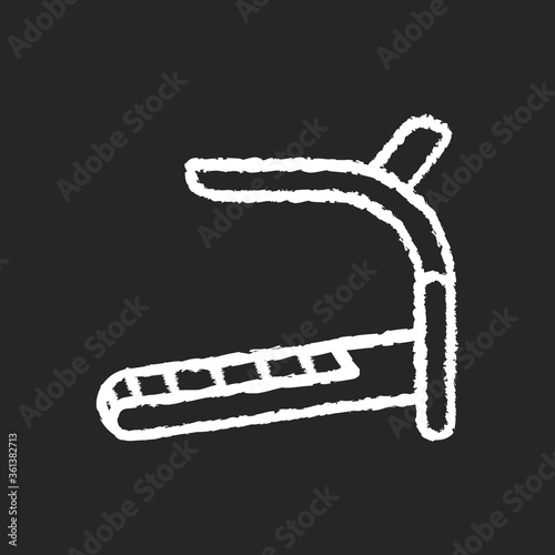Treadmill chalk white icon on black background. Home gym equipment. Sport gear for indoor jogging exercises, stamina and cardio training. Running machine isolated vector chalkboard illustration