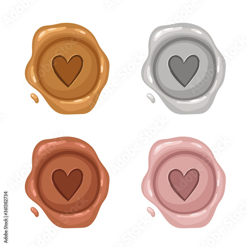 Set wax seal stamps - golden, silver, bronze, rose gold. Decorative cartoon mockup. Vintage post signet illustration for wedding invitation, letters, calligraphy design. Vector isolated on white