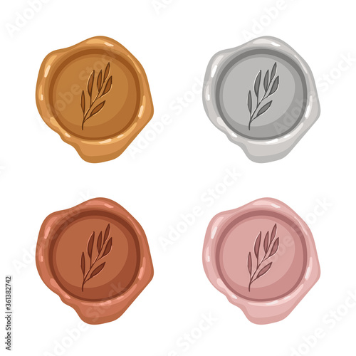 Set wax seal stamps - golden, silver, bronze, rose gold. Decorative cartoon mockup. Vintage post signet illustration for wedding invitation, letters, calligraphy design. Vector isolated on white