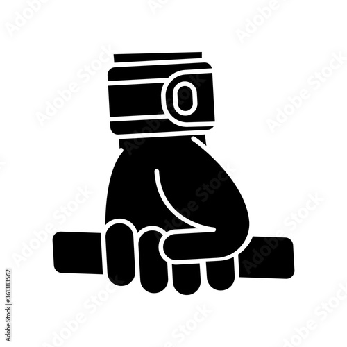 Wrist wraps black glyph icon. Workout accessory for wrist support. Fitness training, physical exercise silhouette symbol on white space. Sweat absorbing sport wristband vector isolated illustration