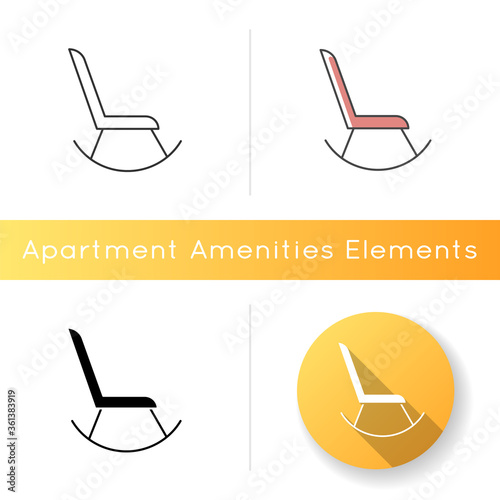 Rocking chair icon. Rocker to relax with baby. Comfortable furniture for living room. House furnishing. Apartment amenity. Linear black and RGB color styles. Isolated vector illustrations