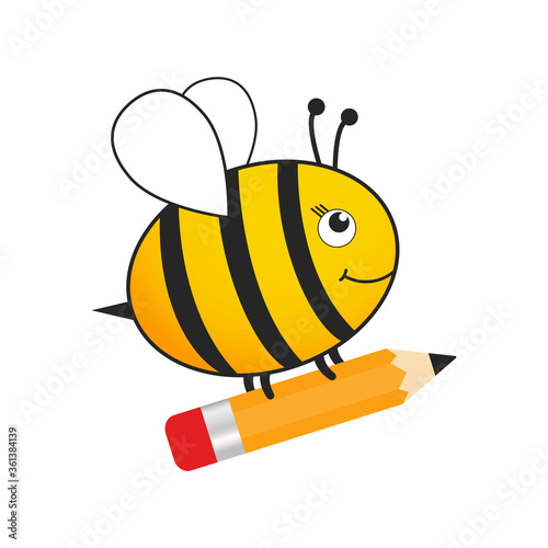 Cute bee back to school. Flying cartoon bee holding pencil. Vector character education illustration isolated on white.