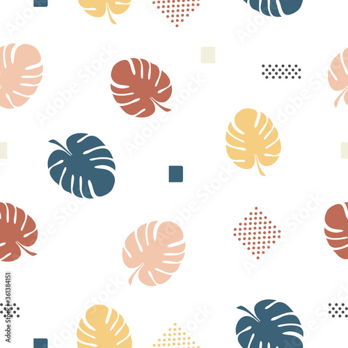 Seamless pattern of leaves monstera background in pastel colors vector illustration
