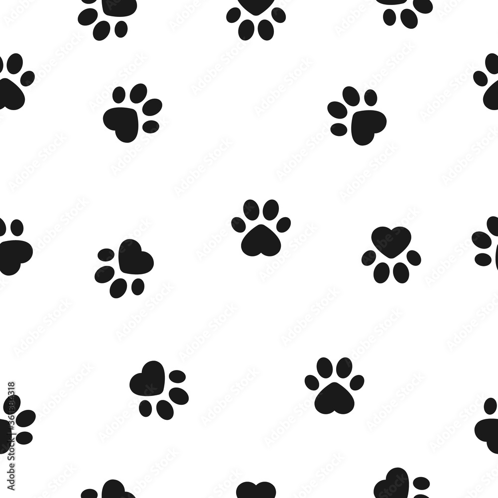 Fototapeta premium Seamless pattern with heart sign animal footprints. Dog paw vector illustration background.