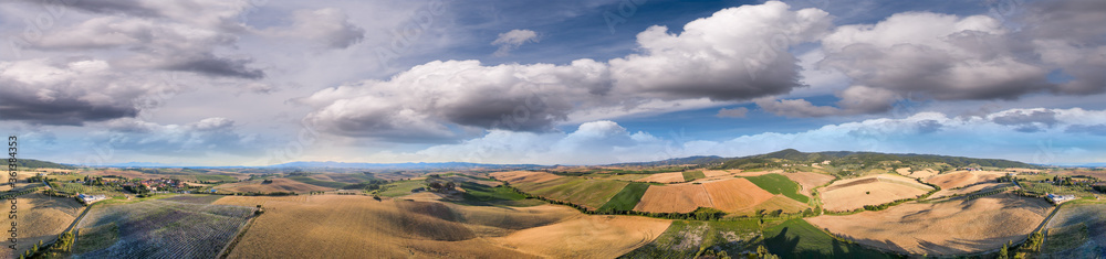 Panoramic aerial view of Tuscany Hills in summer season, Italy