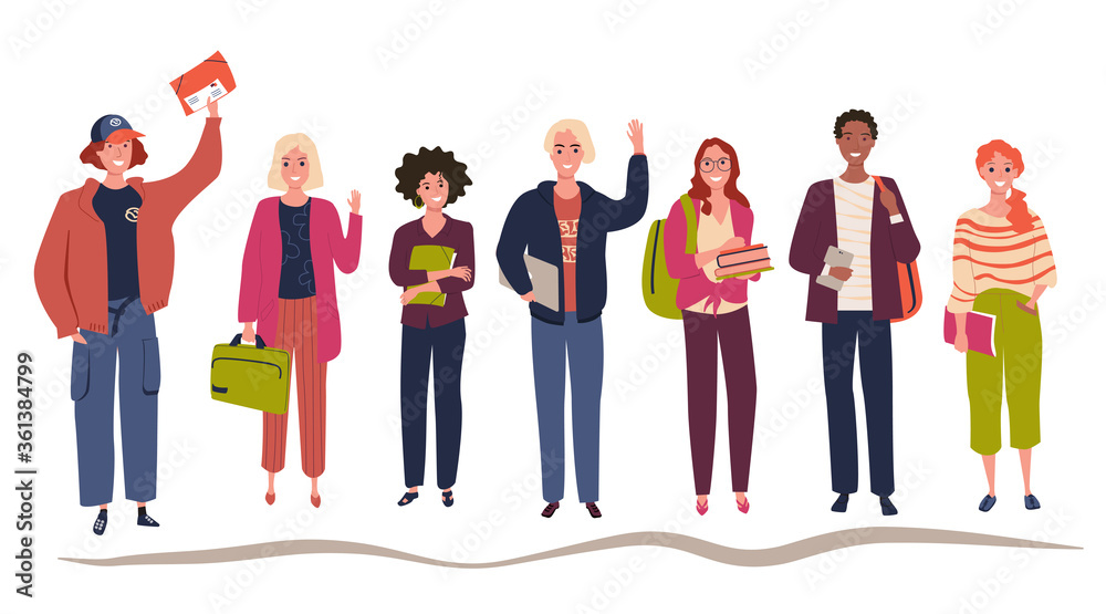 Obraz premium Group of multicultural students holding books and laptop. Flat vector illustration. Young girls and boys isolated on white background
