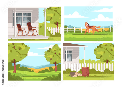 Village lifestyle semi flat vector illustration set. Villa patio with empty armchairs. Dog play outside ranch. Scenic greenery. Farmhouse 2D cartoon landscape collection for commercial use