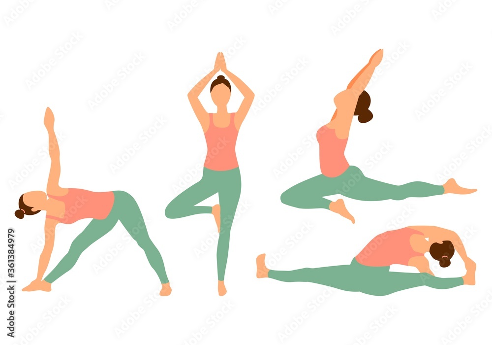 Set yoga pose. Silhouettes of slim young girl in yoga asana, practicing yoga stretching exercises. Shapes of woman doing yoga fitness workout. 