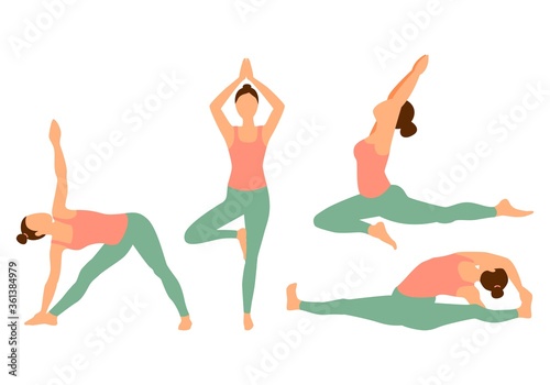 Set yoga pose. Silhouettes of slim young girl in yoga asana, practicing yoga stretching exercises. Shapes of woman doing yoga fitness workout. 