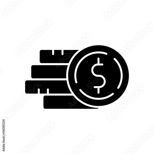 Pile of money black glyph icon. Stack of gold coins. Monetary gain. Financial operation. Bank benefit. Revenue for payment. Silhouette symbol on white space. Vector isolated illustration