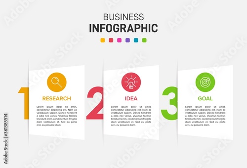 Concept of arrow business model with 3 successive steps. Three colorful graphic elements. Timeline design for brochure, presentation. Infographic design layout.