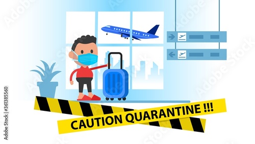 Young man at the airport terminal with suitcase. Coronavirus quarantine.
