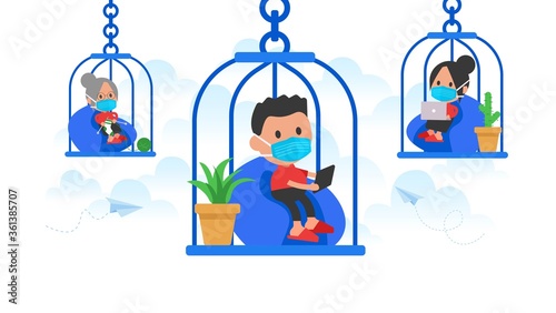Social distancing, self quarantine and isolation. People working at home in bird cage. Coronavirus pandemic concept.
