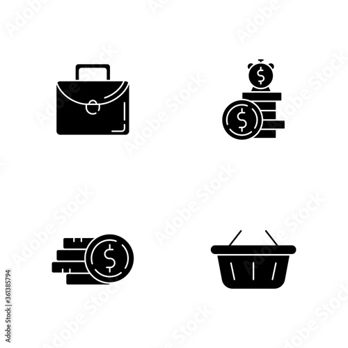Money investment black glyph icons set on white space. Work briefcase. Stack of cash. Deposit payout. Online shopping. Commercial operation. Silhouette symbols. Vector isolated illustration