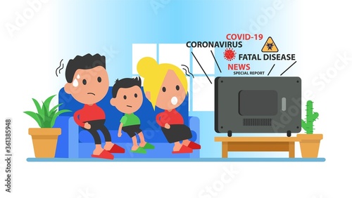 Family watch TV news sitting on the sofa. Quarantine, coronavirus, stay home, stay healthy.
