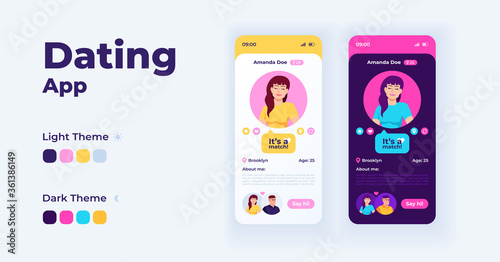 Dating app smartphone interface vector templates set. Mobile page light and dark theme design layout. Flat UI for online chatting application screen. Matchmaking and communication. Phone display