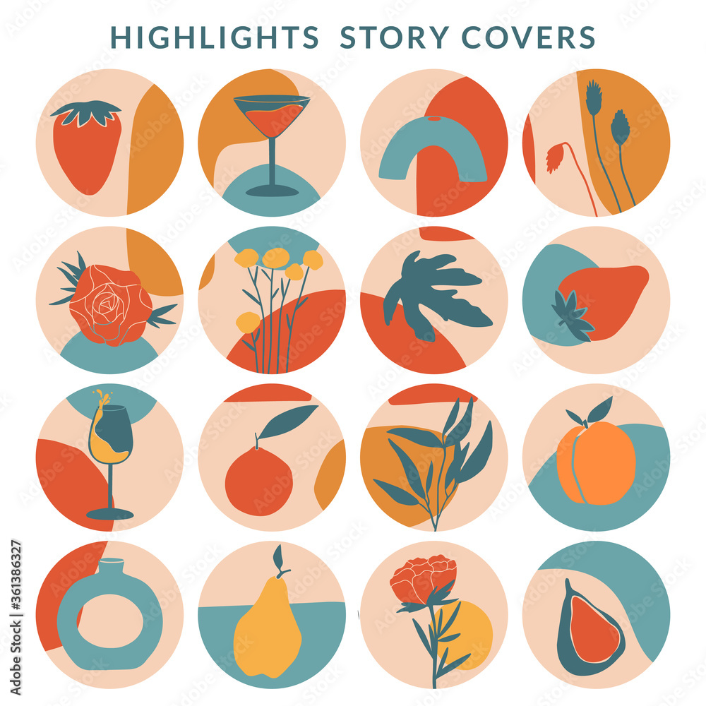 Collection of highlight story covers for social media. Set of pastel hand drawn backgrounds. Round elements and icons with abstract shapes, fruits, floral details, texture for your blog or website.
