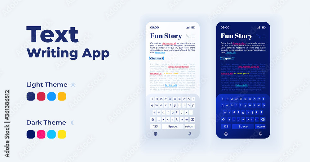 Text writing smartphone interface vector templates set. Mobile app page black and white theme design layout. Flat UI for docs viewing application. Notes creating screens. Phone displays Text writing smartphone interface vector templates set. Mobile app page black and white theme design layout. Flat UI for docs viewing application. Notes creating screens. Phone displays