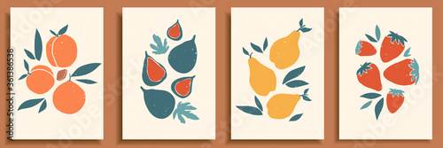 Abstract still life in pastel colors poster. Collection of contemporary art. Abstract paper cut elements, fruits and berries for social media, postcards, print. Hand drawn pear, peach, fig, strawberry