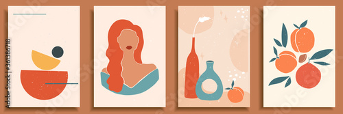 Female shape, silhouette on retro summer background. Fashion woman portrait in pastel colors. Collection of contemporary art posters. Abstract paper cut elements, shapes, pottery, vase, peach, orange.