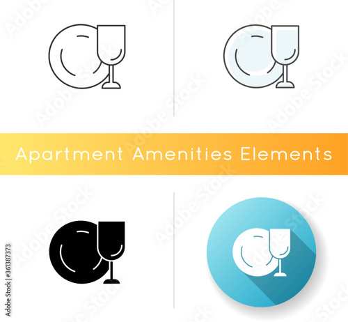 Tableware icon. Clean dish and glass. Kitchen dinnerware. Empty cup. Clear glassware from dishwasher. Table utensil to eat food. Linear black and RGB color styles. Isolated vector illustrations