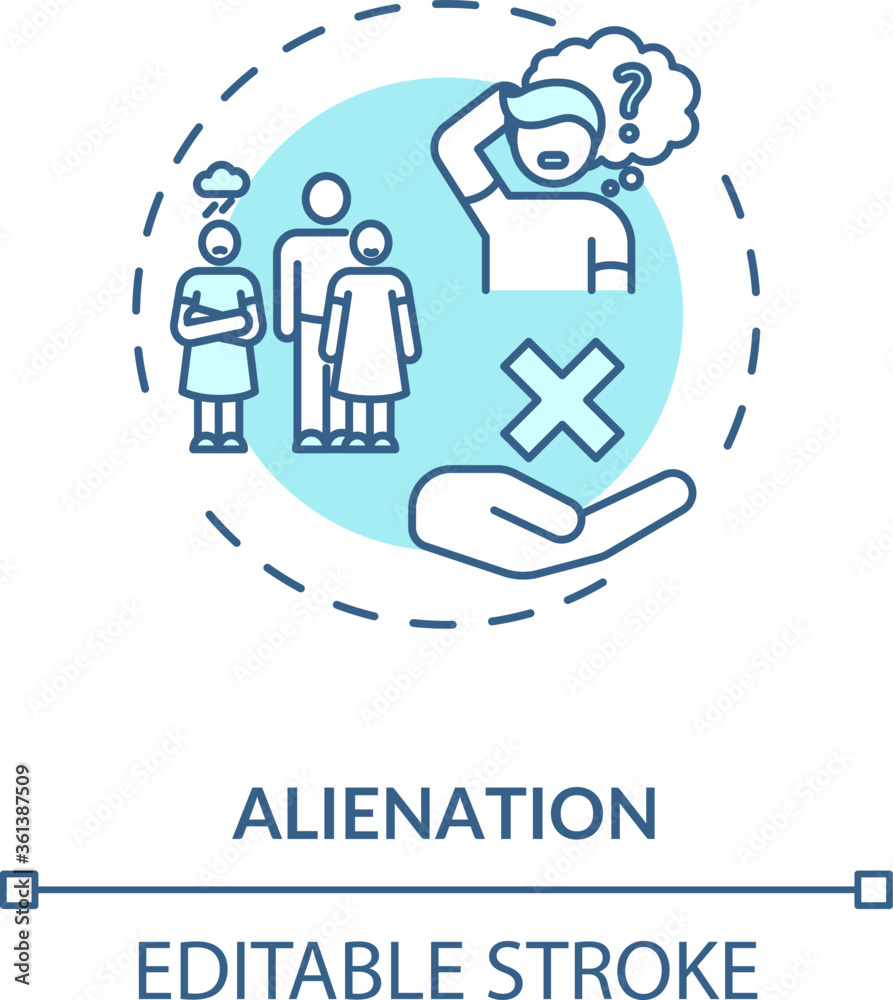 Alienation turquoise concept icon. Problem with individual integration in society. Social isolation idea thin line illustration. Vector isolated outline RGB color drawing. Editable stroke Alienation turquoise concept icon. Problem with individual integration in society. Social isolation idea thin line illustration. Vector isolated outline RGB color drawing. Editable stroke