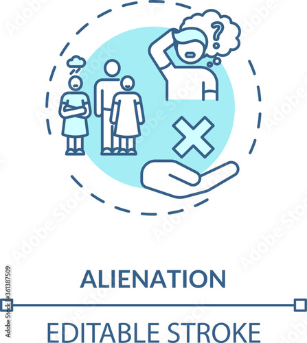 Alienation turquoise concept icon. Problem with individual integration in society. Social isolation idea thin line illustration. Vector isolated outline RGB color drawing. Editable stroke