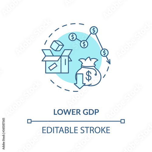 Lower GDP turquoise concept icon. Negative unemployment outcome. Decrease in economy. Social issue idea thin line illustration. Vector isolated outline RGB color drawing. Editable stroke