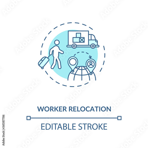 Worker relocation turquoise concept icon. Travel worldwide to find work. Moving country for job idea thin line illustration. Vector isolated outline RGB color drawing. Editable stroke