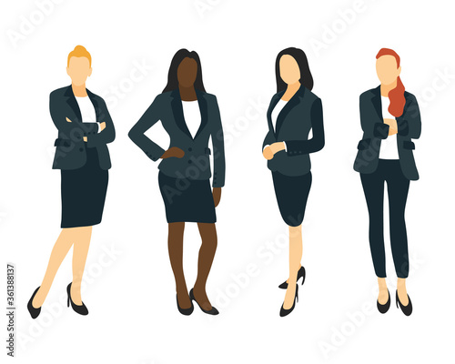 Set of businesswoman. young women dressed in elegant office clothes. Economy, finance, stylist, office worker.