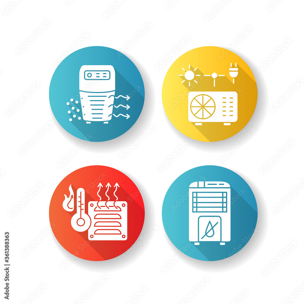 Air heating flat design long shadow glyph icons set. Air purifier, hybrid conditioner, heater and dehumidifier. Various domestic ventilation appliances. Silhouette RGB color illustration Air heating flat design long shadow glyph icons set. Air purifier, hybrid conditioner, heater and dehumidifier. Various domestic ventilation appliances. Silhouette RGB color illustration