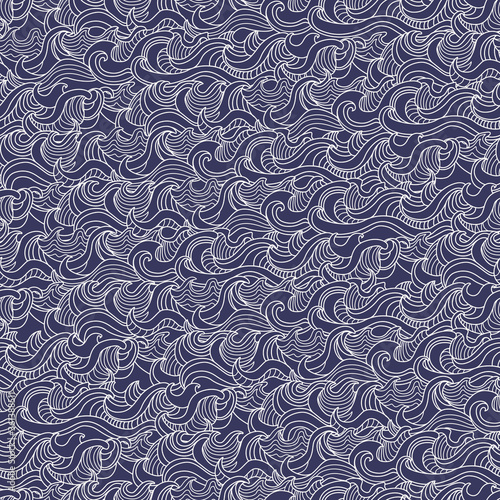 Vector fantasy Sea seamless pattern with ocean waves. Hand drawn white doodle sketch on a dark indigo blue background. Fairy tale nautical wallpaper, silk textile print, packaging wrapping paper