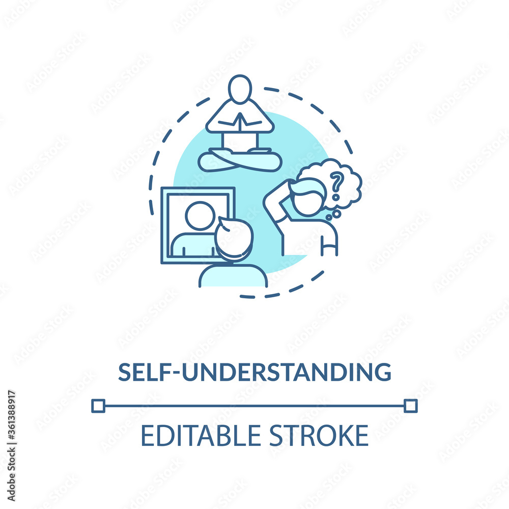 Self understanding turquoise concept icon. Comprehend inner knowledge. Psychological health. Mental self image idea thin line illustration. Vector isolated outline RGB color drawing. Editable stroke