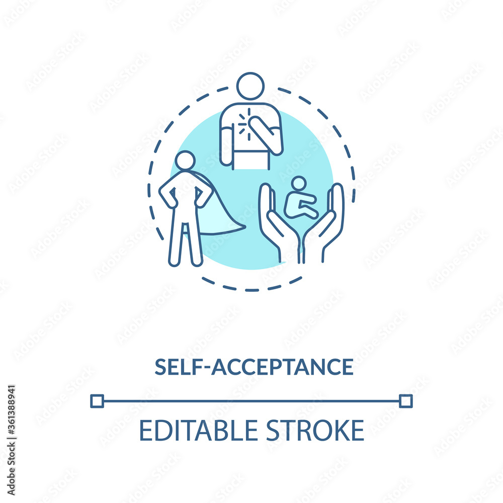Self acceptance turquoise concept icon. Confidence in oneself. Psychological health. Mental wellbeing idea thin line illustration. Vector isolated outline RGB color drawing. Editable stroke Self acceptance turquoise concept icon. Confidence in oneself. Psychological health. Mental wellbeing idea thin line illustration. Vector isolated outline RGB color drawing. Editable stroke