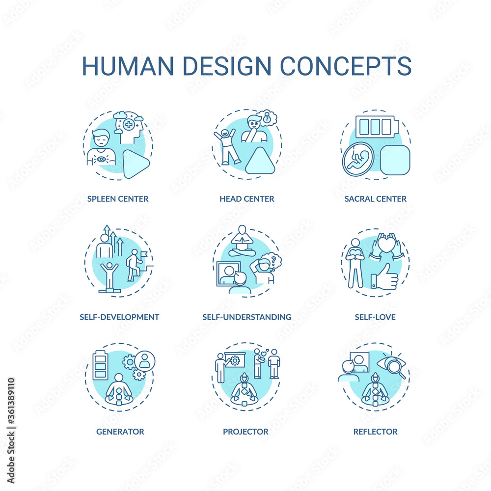 Human design turquoise concept icons set. Improve self understanding. Accept oneself. Individuality idea thin line RGB color illustrations. Vector isolated outline drawings. Editable stroke