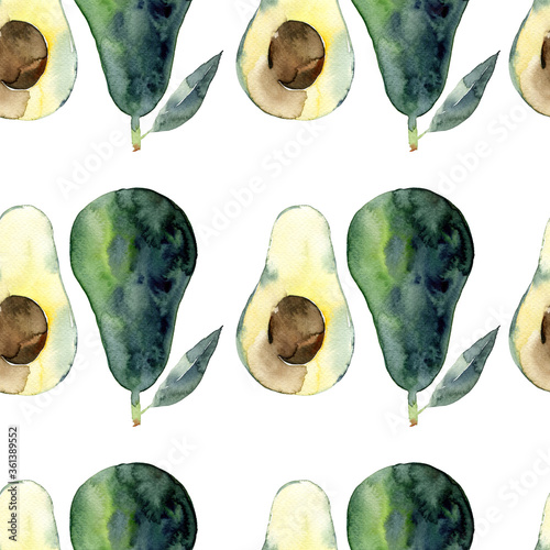 Avocado seamless watercolor illustration. Green food design isolated on white background