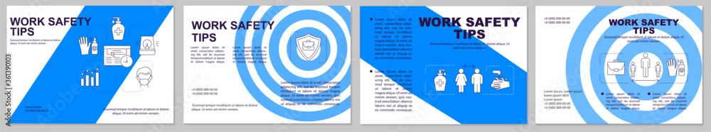 Work safety tips brochure template. Follow hygiene rules in workplace Flyer, booklet, leaflet print, cover design with linear icons. Vector layouts for magazines, annual reports, advertising posters Work safety tips brochure template. Follow hygiene rules in workplace Flyer, booklet, leaflet print, cover design with linear icons. Vector layouts for magazines, annual reports, advertising posters