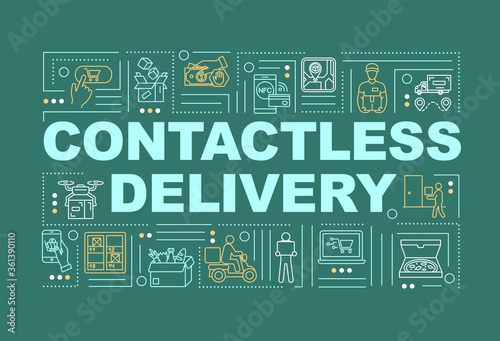 Contactless delivery word concepts banner. Infographics with linear icons on blue background. Smart product transportation to customs. Isolated typography. Vector outline RGB color illustration