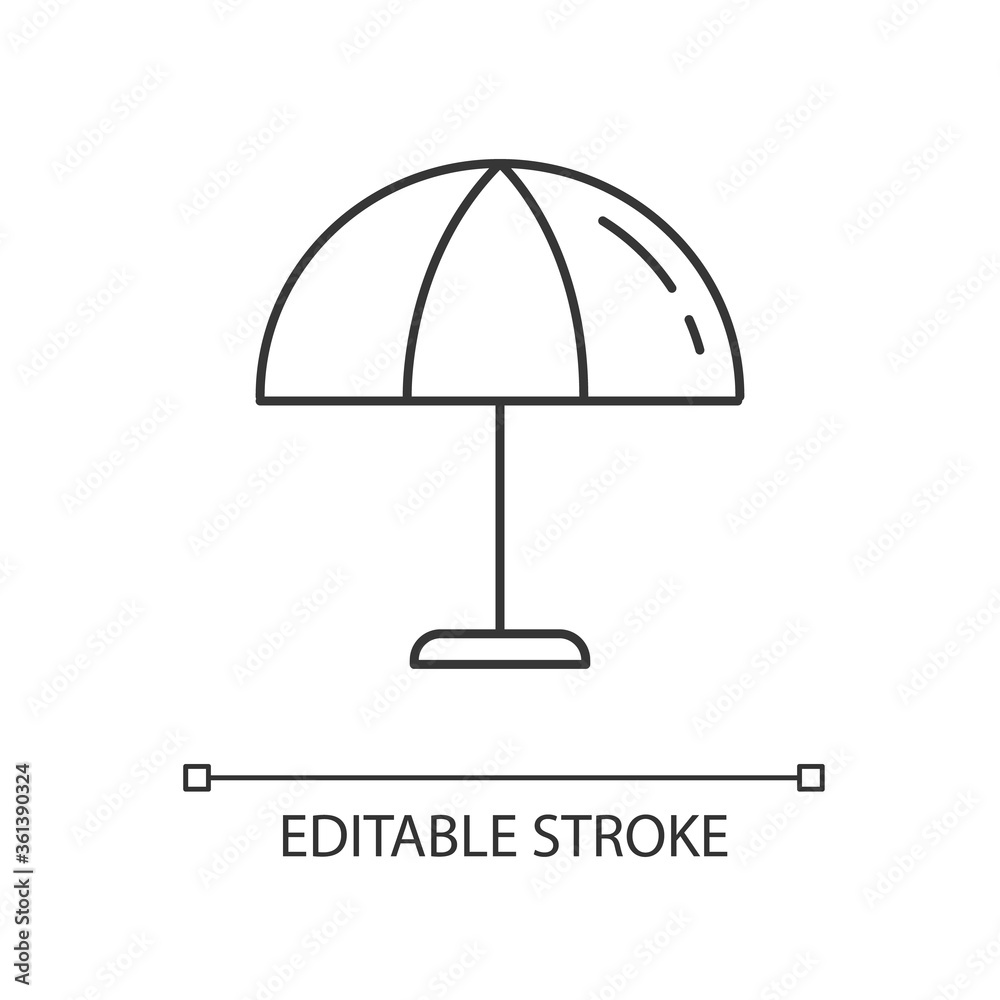 Beach umbrella linear icon. Parasol to protect from sun burn. Sunbathing in summertime. Thin line customizable illustration. Contour symbol. Vector isolated outline drawing. Editable stroke
