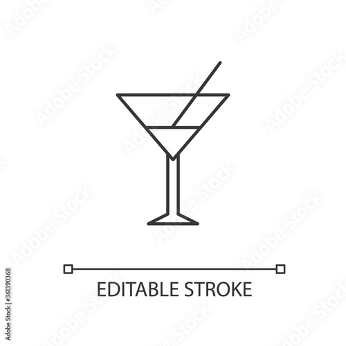 Vermouth linear icon. Alcoholic drink in glass. Party at bar. Restaurant food. Liquor meny. Thin line customizable illustration. Contour symbol. Vector isolated outline drawing. Editable stroke