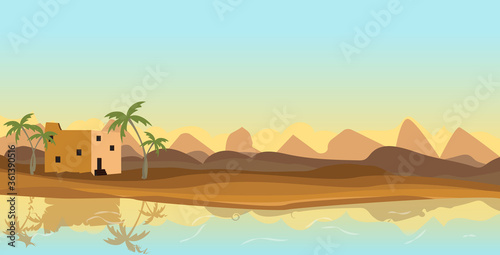 Arabian landscape with desert and water in oasis with palm trees