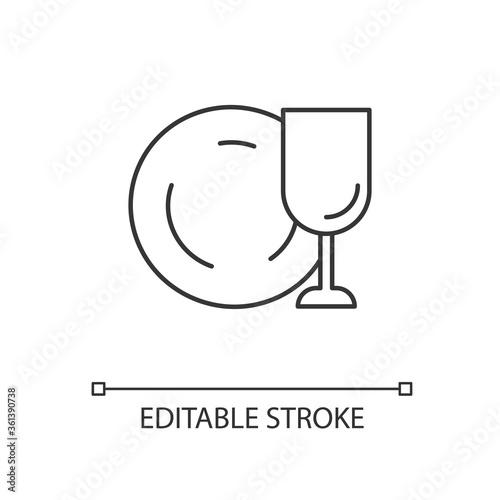 Tableware linear icon. Clean dish and glass. Kitchen dinnerware. Clear glassware from dishwasher. Thin line customizable illustration. Contour symbol. Vector isolated outline drawing. Editable stroke