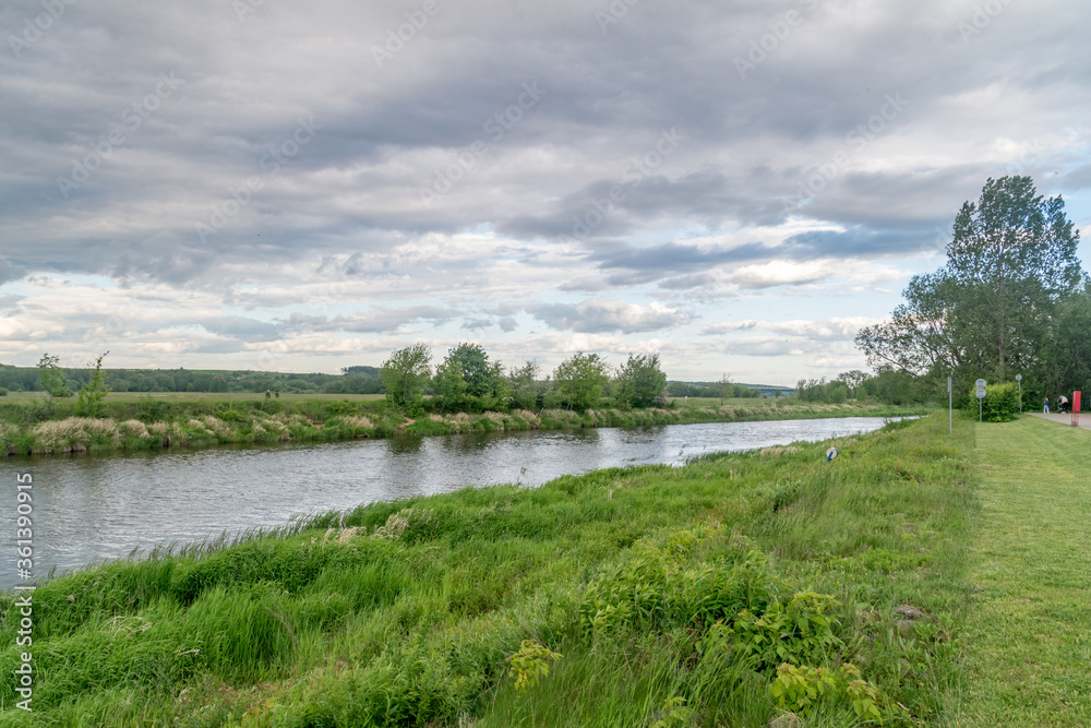 Narew river at cloudy day in Lomza.