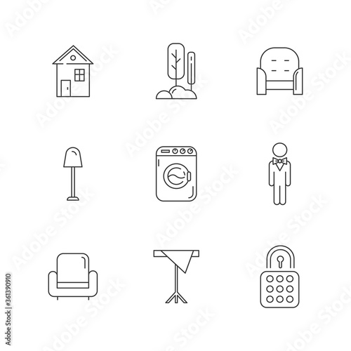 Home comfort linear icons set. Suburban house. Real estate. Urban park. Public garden. Cozy armchair. Customizable thin line contour symbols. Isolated vector outline illustrations. Editable stroke