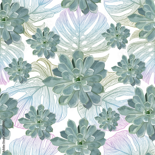 Seamless pattern with tropical leaf palm and succulent flowers . Vector illustration.