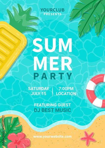 Summer party poster. Summer beach party flyer design with typographic elements on ocean landscape background.